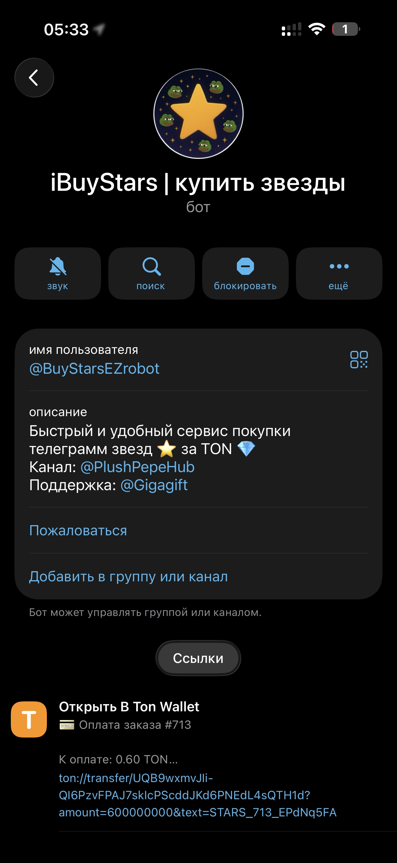 Страница бота iBuyStars для покупки Telegram-звезд за TON с инструкцией по оплате через Ton Wallet и поддержкой