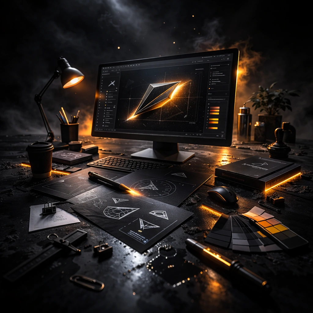 Рабочее пространство дизайнера с монитором, демонстрирующим 3D-модель логотипа. Инструменты и материалы для создания уникального бренда, обеспечивающие удобство и профессионализм в